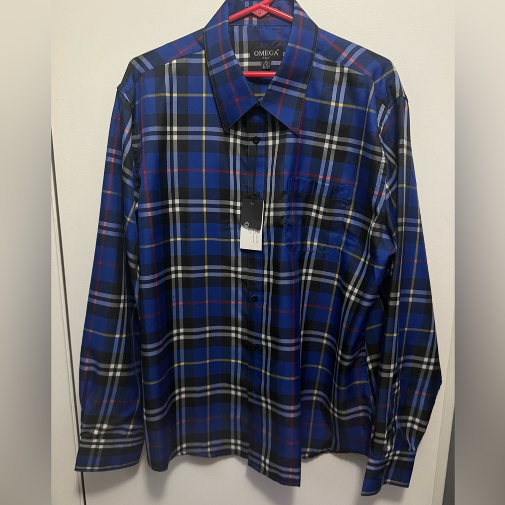 Omega Italy Blue Plaid Button Shirt Size XL New With Tags